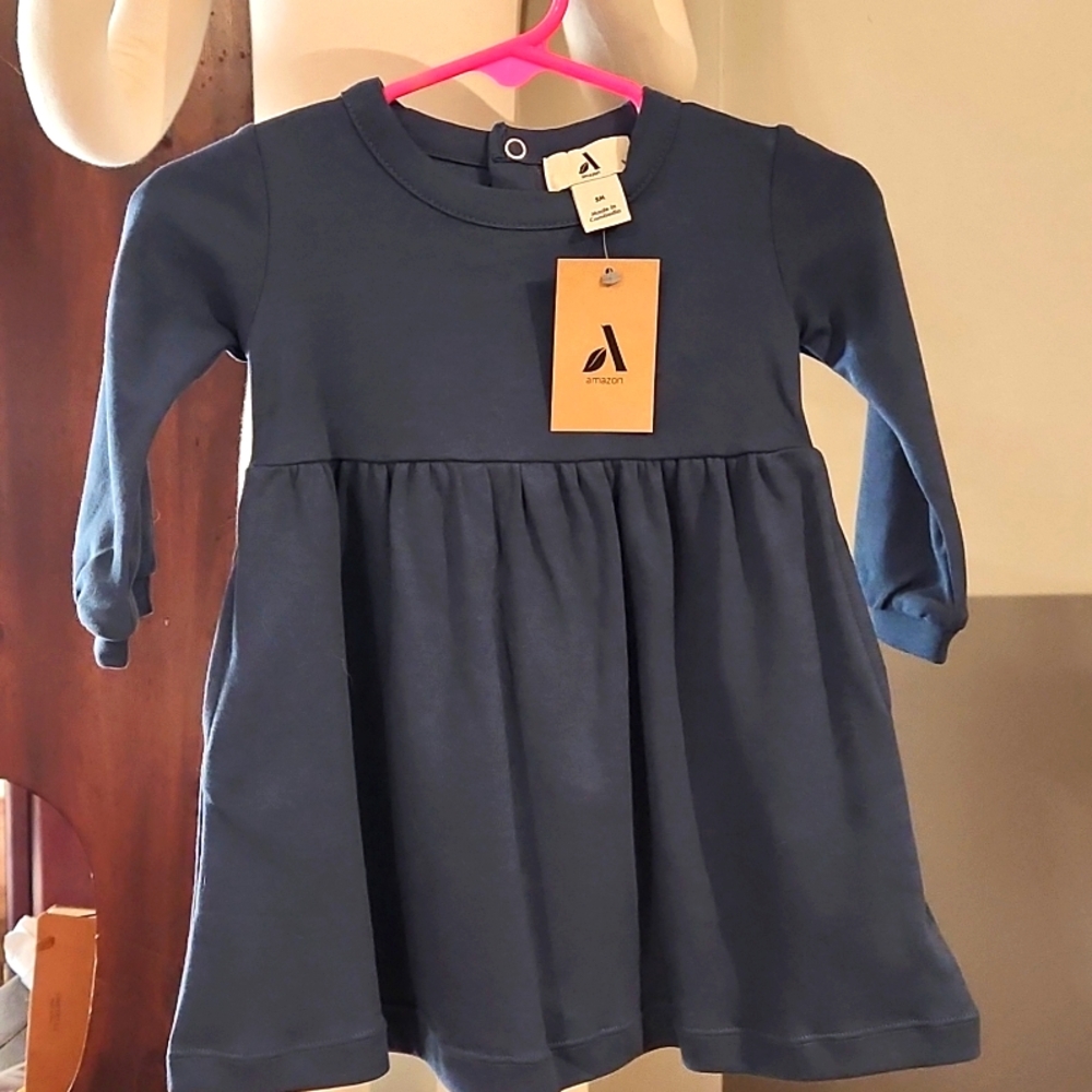 NEW BABY GIRL NAVY BLUE LONG SLEEVE DRESS WITH POCKETS.